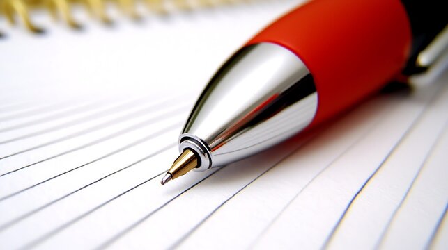 Fototapeta Closeup detail of ballpoint pen nib and notebook lines, captured with zoom lens, emphasis on writing precision and clean paper surface, white background for contrast