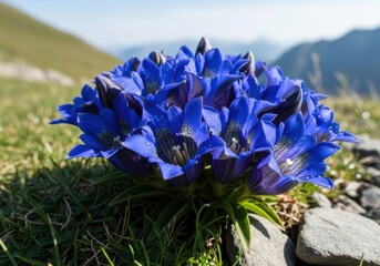 Close-up of dazzling blue gentian flowers in an alpine meadow landscape