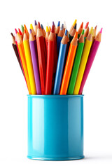 Photo of A pencil cup with school supplies isolated on white background,