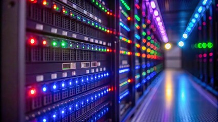High tech server room with colorful LED lights illuminating rows of servers, showcasing advanced technology and data processing capabilities