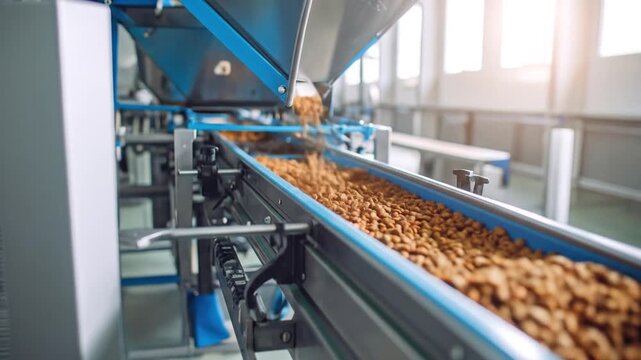 Close Up of Automated Food Production Line with Conveyor Belts in Sunlight Indoors at a Modern Factory Transferring Small Brown Food Pellets