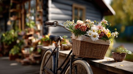An old vintage bicycle parked beside a quaint flower shop, its worn metal frame showing rustic patina and chipped paint