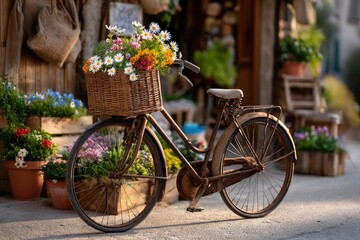 An old vintage bicycle parked beside a quaint flower shop, its worn metal frame showing rustic patina and chipped paint