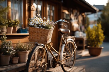 An old vintage bicycle parked beside a quaint flower shop, its worn metal frame showing rustic patina and chipped paint