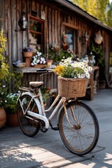 An old vintage bicycle parked beside a quaint flower shop, its worn metal frame showing rustic patina and chipped paint