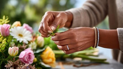 Close-up of a flower vendora hands carefully arranging individual flowers into a bouquet. The hands wear a simple bracelet or ring.