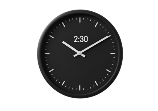 Isolated Digital Black Clock with White Hands on Transparent Background