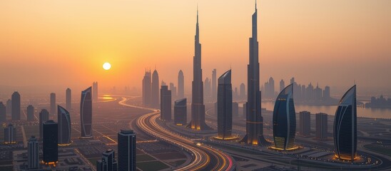 Sunset skyline featuring modern skyscrapers and vibrant urban landscape.