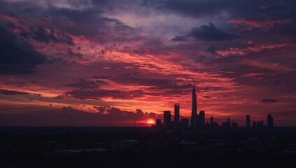 Dramatic sunset paints the city skyline with vibrant colors creating a breathtaking urban panorama