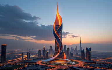 Modern skyscraper with unique design in urban skyline at sunset.