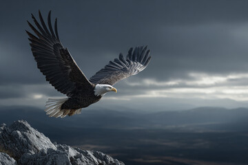 Powerful image of an eagle diving gracefully from a towering mountain peak with wings fully extended