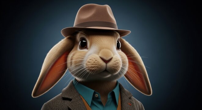 Anthropomorphic bunny rabbit wearing a fedora and suit jacket