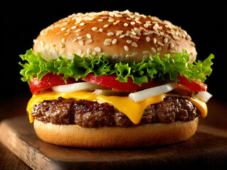 Gourmet Hamburger Presentation Appetizing Beef Cheese Lettuce Tomato Onion Sesame Bun Culinary Snacktime Comfort Food Grilled Hearty Fresh 