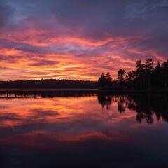 Obraz premium Vibrant Sunset Over a Calm Lake With Silhouetted Trees and a Pier Reflected in the Water