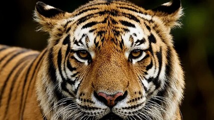 Portrait of a tigers face closeup with striking orange and black stripes amber eyes and a pink nose - Powered by Adobe