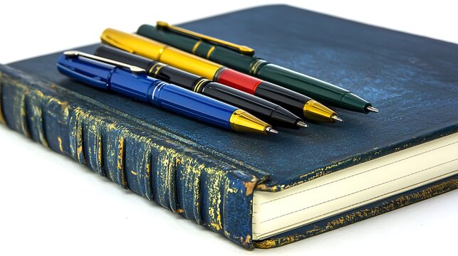 Fototapeta Close-up of set of pens placed next to closed notebook, zoom lens 100mm used, clear focus on pen tips and notebook cover texture, bright white background