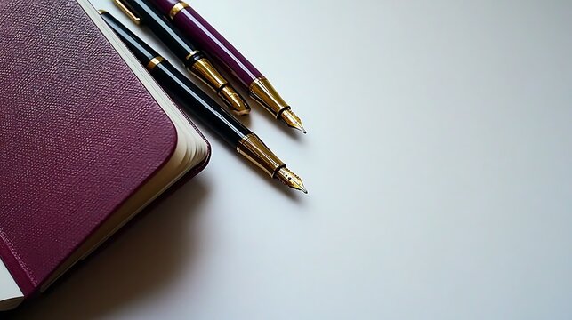 Fototapeta Close-up of set of pens placed next to closed notebook, zoom lens 100mm used, clear focus on pen tips and notebook cover texture, bright white background