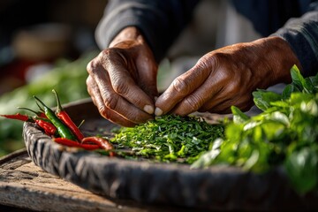 Close-up of a vendor hands carefully placing fresh vegetables onto a traditional balance scale made of metal and wood