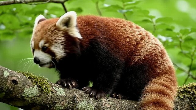 Red panda on a mossy tree branch surrounded by lush green foliage