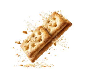 Three light-tan rectangular biscuits, layered,  and slightly overlapping,  are displayed against a backdrop of scattered light-tan crumbs