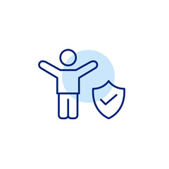 Person with arms raised in celebration, shield and checkmark. User success, trusted platform for insurance and security. Pixel perfect, editable stroke vector icon