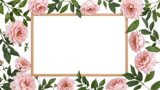 Elegant floral frame with peony blooms and verdant foliage on transparent setting