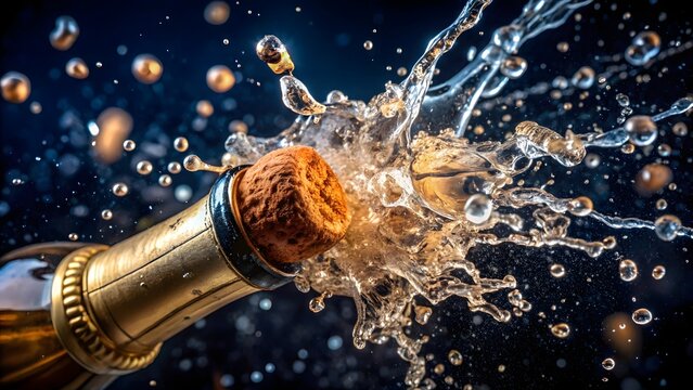 Champagne bottle popping cork with splash and bubbles, celebrating a special occasion with festive atmosphere