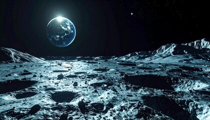 Lunar Landscape Exploration, Earth View, Outer Space, Digital Artwork, Moon Surface, Celestial Perspective
