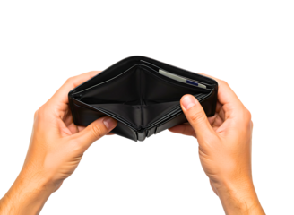 Hands holding an empty black leather wallet isolated on transparent background