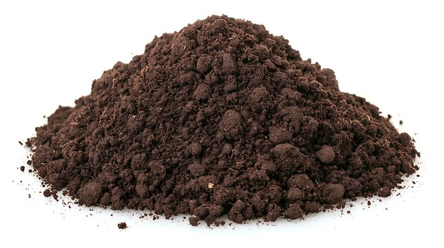 Fototapeta Close-up of potting soil with visible organic matter on white background, shot with 24-135mm zoom lens, focus on rich texture and moisture detail