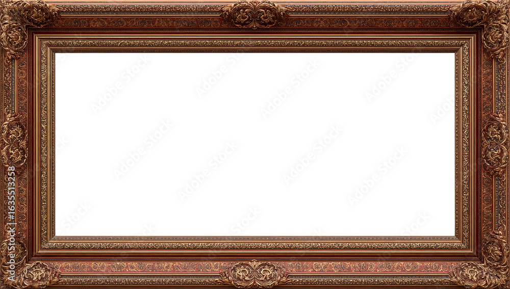 Poster elaborate carved wooden frame with transparent center ready for customization and layering needs