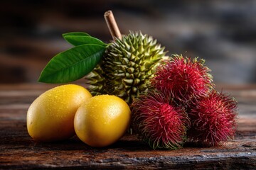 Close-up of tropical fruits including ripe mangoes with smooth golden skin, bright red rambutans covered in soft spines, and a partially opened durian showing its creamy yellow flesh inside its spiky 