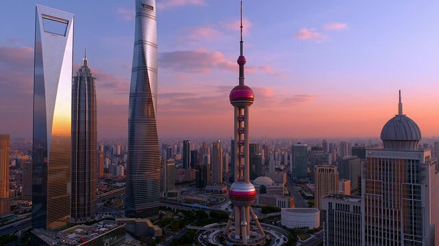 Aerial view of the Shanghai city skyline in China during sunset