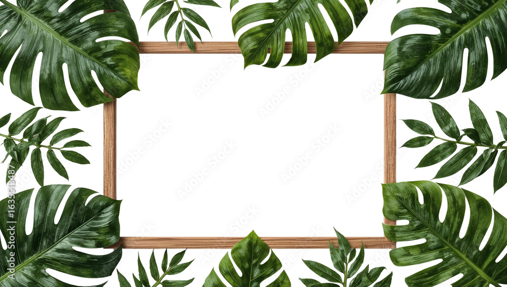 Poster tropical leaves frame with empty space for text, isolated on a transparent layer ideal for summer