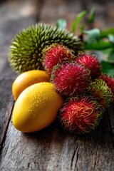 Close-up of tropical fruits including ripe mangoes with smooth golden skin, bright red rambutans covered in soft spines, and a partially opened durian showing its creamy yellow flesh inside its spiky 