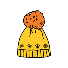 Yellow winter beanie with orange pompom and snowflakes decoration
