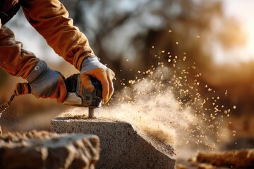 The worker hands grip the tools firmly, while fine clouds of dust swirl and catch the sunlight. Dust particles flying vividly in the air as a mason chisels or cuts a stone block