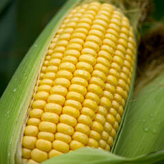 Photo of Fresh Yellow Corn Cob with Green Leaves and Water Drops Detail