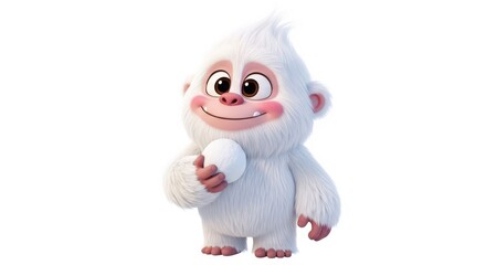 Cute cartoon yeti smiling and holding a snowball on white background