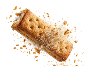 Crispy, crumbly biscuit bar exploding in a shower of crumbs