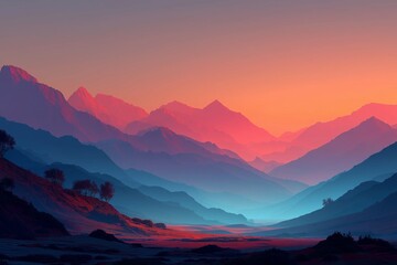 Vibrant sunset landscape with gradient fog and neon hills