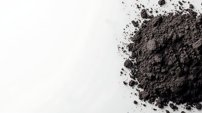 Fototapeta Close-up of loose soil scattered in organic arrangement on white background, taken with 135mm zoom lens, emphasis on fine soil particles and natural variation in color