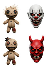 Isolated Illustrations of Voodoo Dolls Clown and Devil Faces Horror Themed Art