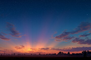 Peaceful night landscape with colorful rays