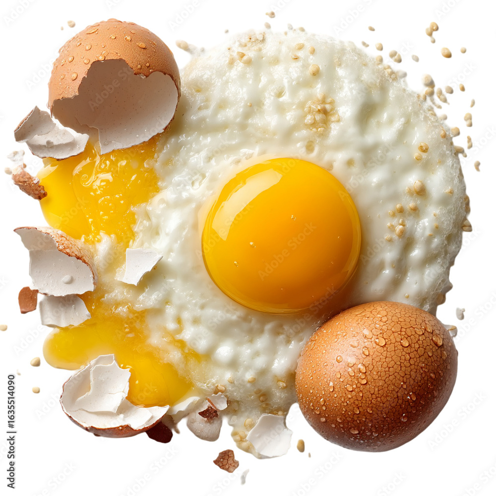 Poster a sunny side up egg with a broken shell next to an intact egg on black isolated on transparent backg
