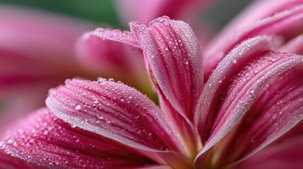 Extreme close-up of flower petals covered in fresh dew drops or lingering water droplets. The petals show delicate veins and soft textures with glistening moisture reflecting soft natural light