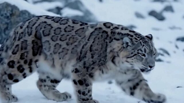 Snow leopard walks in a snowy landscape showcasing its patterned coat