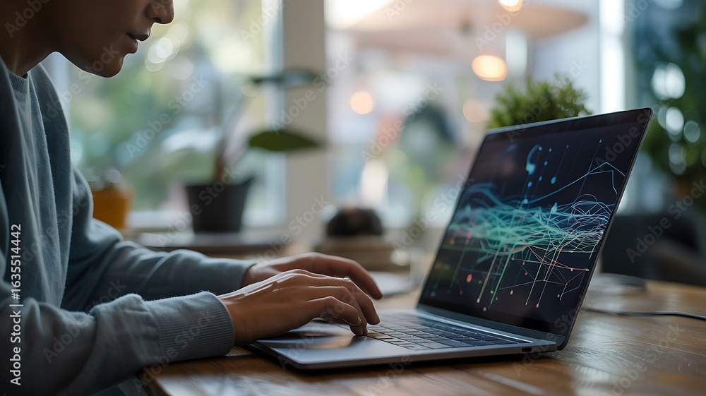 Poster data scientist analyzing complex information on a laptop, working with big data visualization and bu