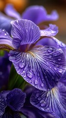Extreme close-up of flower petals covered in fresh dew drops or lingering water droplets. The petals show delicate veins and soft textures with glistening moisture reflecting soft natural light