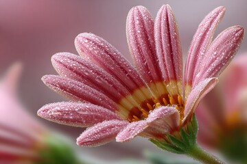 Extreme close-up of flower petals covered in fresh dew drops or lingering water droplets. The petals show delicate veins and soft textures with glistening moisture reflecting soft natural light